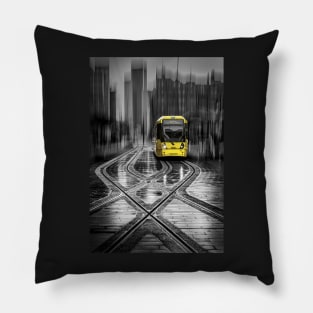 A Yellow Tram at a Stop in Manchester with ICM Pillow