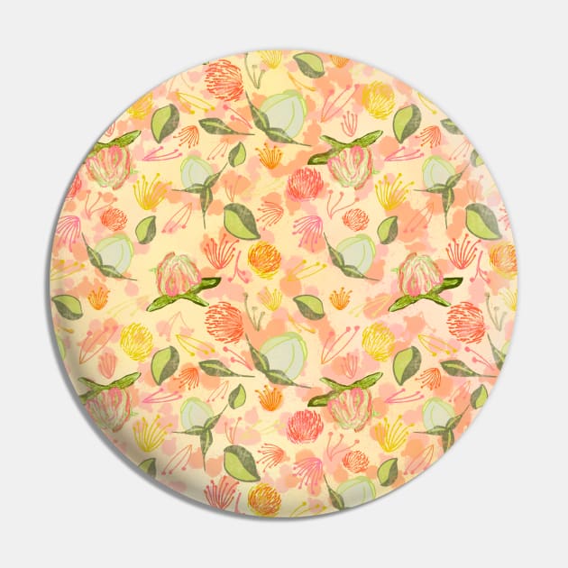 Peony Buds Abound Pattern on Yellow Background with Watercolor Splotches-Style 2 Pin by PurposelyDesigned