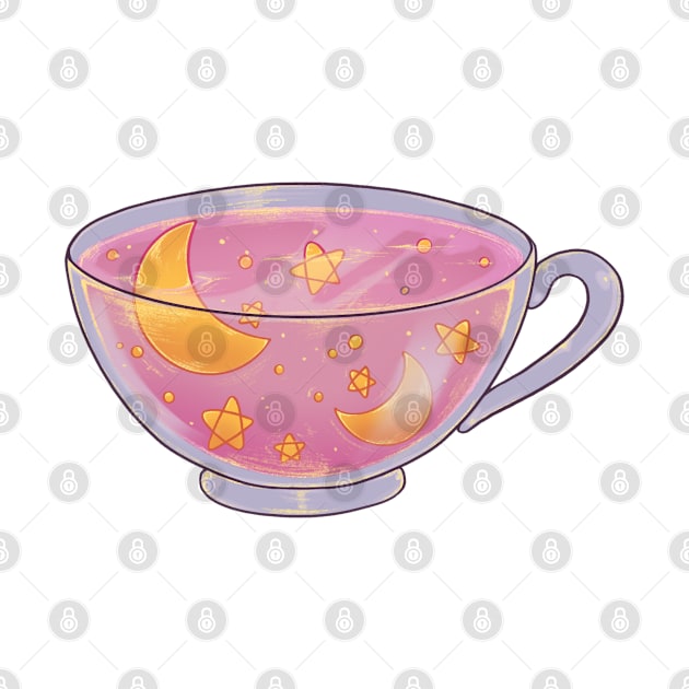 Soft pink night tea cup sticker on black background by Itsacuteart