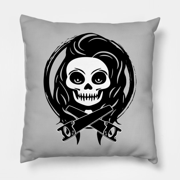 Female Joiner Skull and Saws Black Logo Pillow by Nuletto