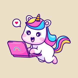 Cute Unicorn Working On Laptop Cartoon T-Shirt