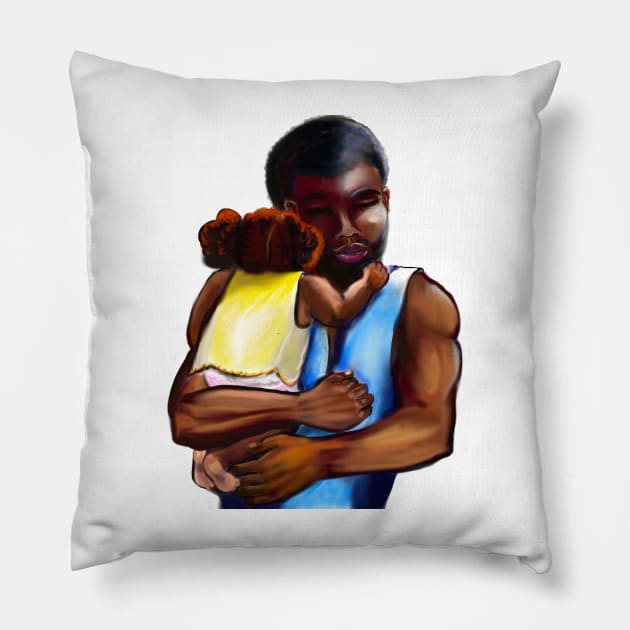 The best Father’s Day gifts 2022. Father and child - Super hero dad -  Strong muscular black man cradling a baby Pillow by Artonmytee