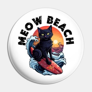 Black Cat Surfer - Meow Beach (Black Lettering) Pin