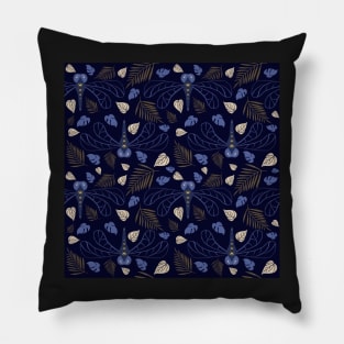 Blue Dragonfly and Leaf Pattern on Blue Pillow