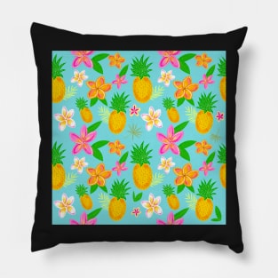 Tropical pineapple print with plumeria flowers. Pillow