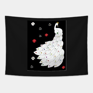 White Peacock with Flowers in a Black Background Tapestry