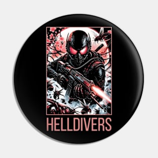 dynamic composition of Helldivers fighting against a swarm of insect-like aliens - fantasy Pin