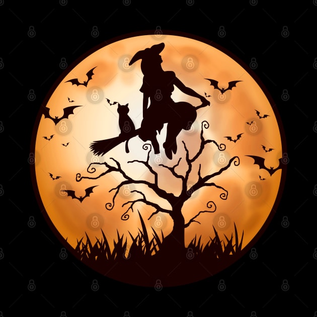 HALLOWEEN - Scary, Funny Witch & Cat On Broomstick - Full Moon - Bats by Art Like Wow Designs