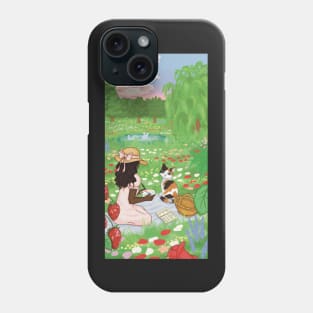 cottagecore illustration girl and cat picnic meadow Phone Case