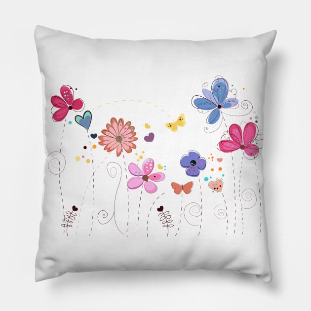 Spring time colorful doodle flowers Pillow by GULSENGUNEL