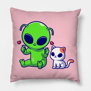 Cute Alien With Cute Cat Alien Cartoon Pillow