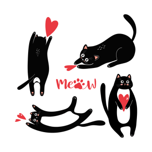 Cute black cats with heart and meow T-Shirt