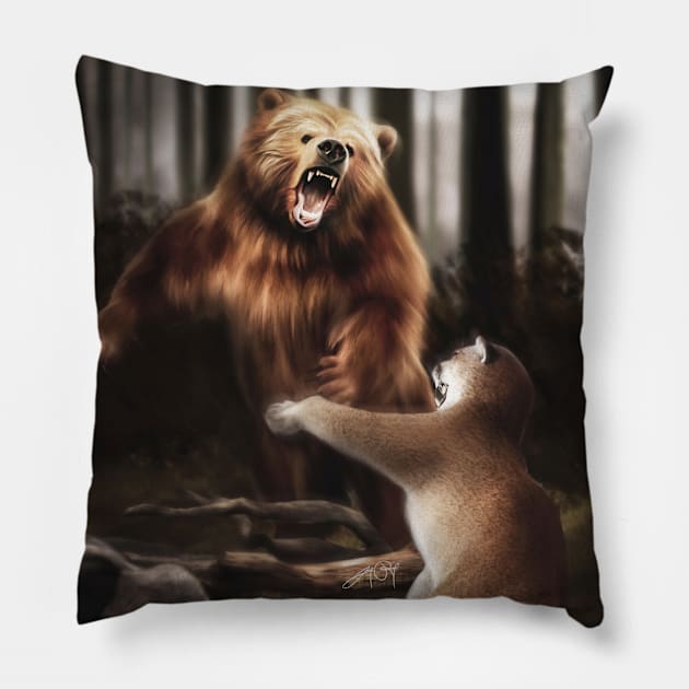 Grizzly vs Cougar Pillow by lunaroveda