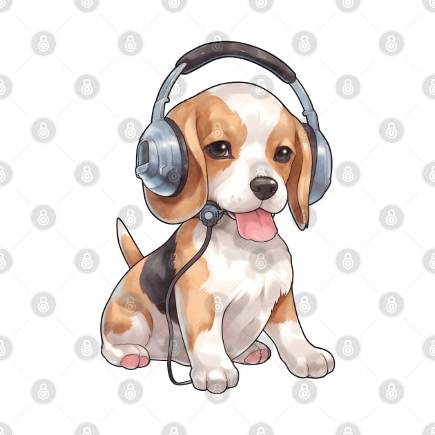 Watercolor Beagle Dog with Headphones by Chromatic Fusion Studio