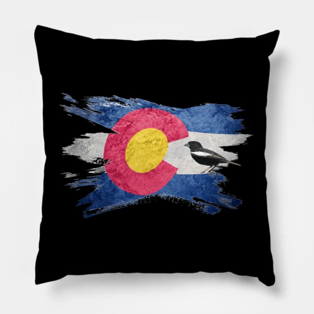 COLORADO STATE FLAG with State Bird, LARK BUNTING Pillow by Bristlecone Pine Co.