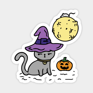 Funny Halloween cat in a hat with the moon, pumpkin, and a mouse. Magnet