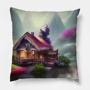 Sparkling Fantasy Cottage with Lights and Glitter Background in Forest, Scenery Nature Pillow