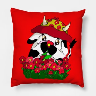 kawaii cow in a cute hat with red poppies Pillow