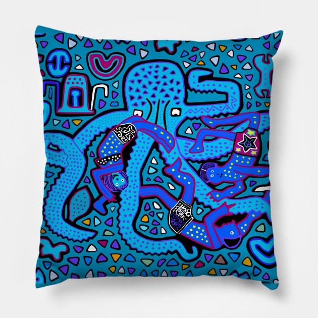 Tropical Octopus Attack - Turquoise Pillow by Esprit-Mystique