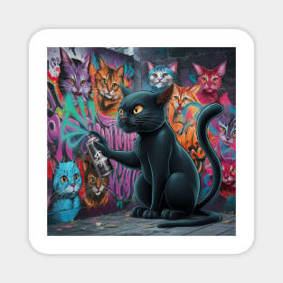 Sleek Black Cat Sprays Graffiti on Wall Magnet