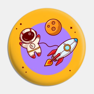 Cute Astronaut Floating With Rocket On Space Cartoon Vector Icon Illustration Pin