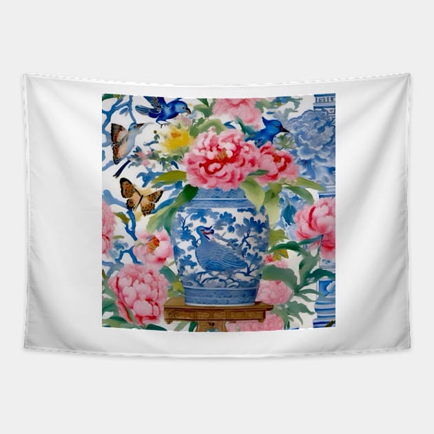 Chinoiserie vase, peonies, birds and butterflies watercolor painting Tapestry by SophieClimaArt