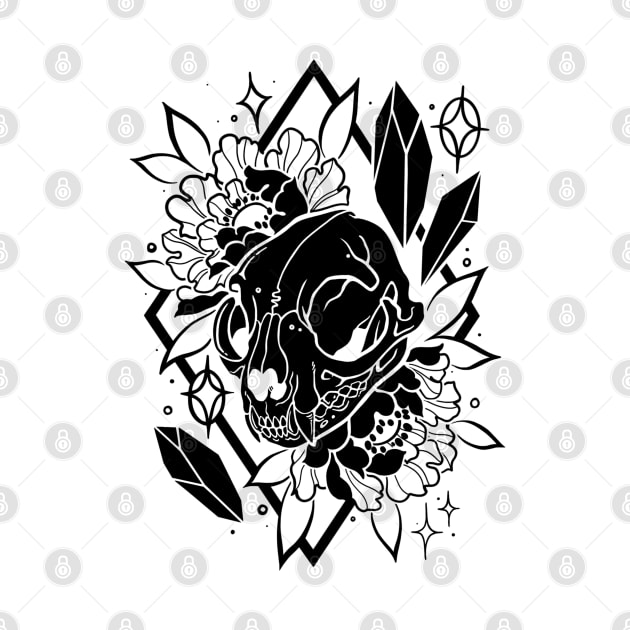 Cat skull, crystals, and peonies in black by theartofamberramirez