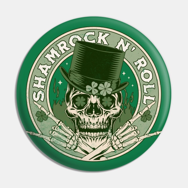 Shamrock and Roll - Rock and Roll Saint Patrick's Day Skull Pin by OrangeMonkeyArt