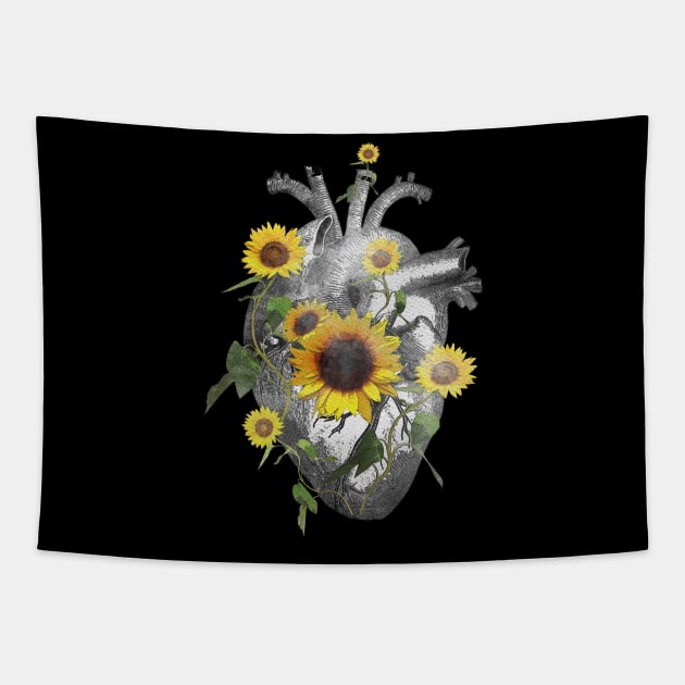 anatomical heart sunflowers cardiac nurse Tapestry by Collagedream