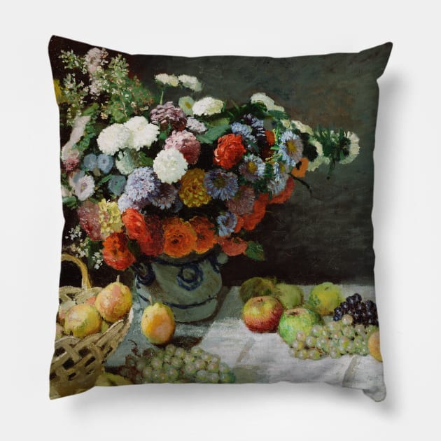 Still Life with Flowers and Fruit by Claude Monet Pillow by Classic Art Stall