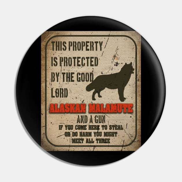 Alaskan malamute Silhouette Vintage Humorous Guard Dog Warning Sign Pin by Sniffist Gang