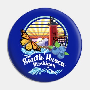 South Haven Michigan USA Lighthouse on South Beach Pier with Monarch Butterfly and Blueberries Pin