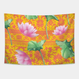 Hong Kong Lotus Pink and Green with Floral Pastel Orange and Pink Pattern Tapestry