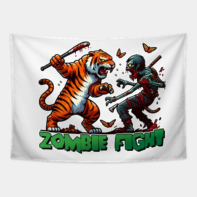 Tiger vs Zombie Fight Tapestry by Rawlifegraphic