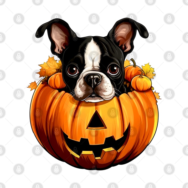 Boston Terrier Dog inside Pumpkin #1 by Chromatic Fusion Studio