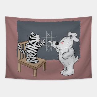 Cat and dog playing tic tac toe Tapestry