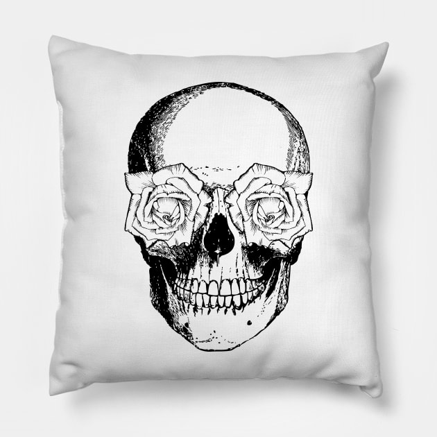 Skull and Roses | Skull and Flowers | Skulls and Skeletons | Vintage Skulls | Black and White | Pillow by Eclectic At Heart