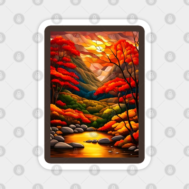 Stained Glass Autumn Mountain Scenery Magnet by Chance Two Designs