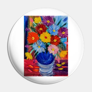 Some fun and colorful abstract flowers in glass vase set against a multi color background. Pin