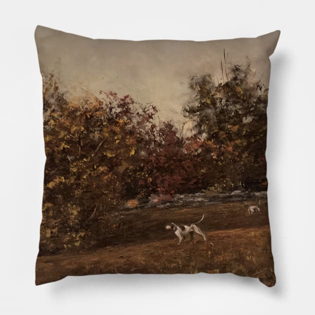 Point Dogs Hunting Oil on Canvas Pillow by Gallery Digitals