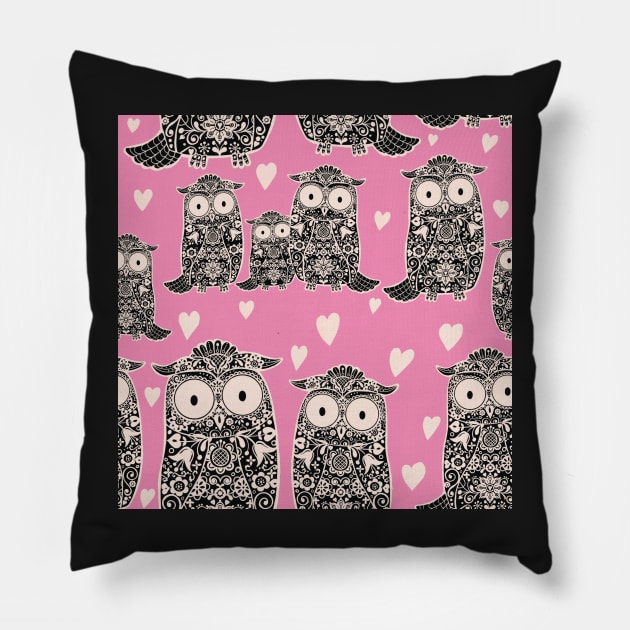 Folk Art Owls and Owlets with hearts on pink Pillow by NattyDesigns