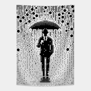 Man in suit with umbrella in rain pixel art Tapestry