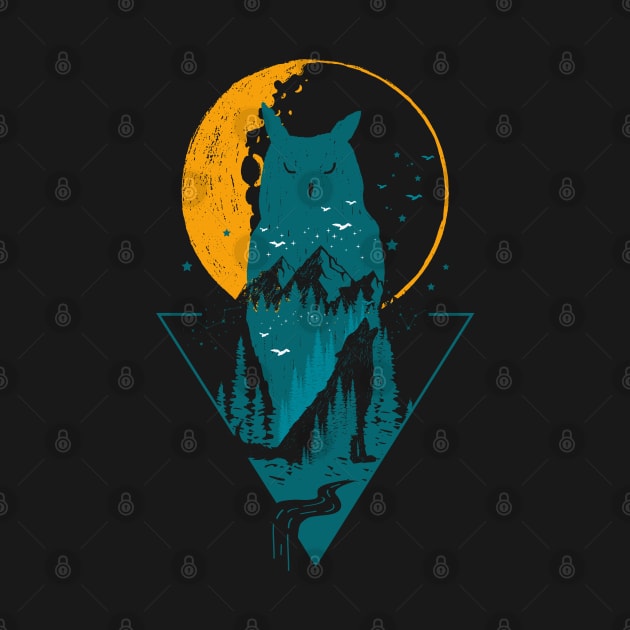 Classy and Minimalist Double Exposure WOLF and OWL Teal and Orange Moon Night Pine Trees Forest Illustration by ZENTURTLE MERCH