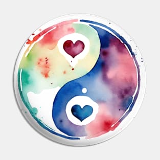 Yin And Yang Symbol With Hearts In Watercolor Pin