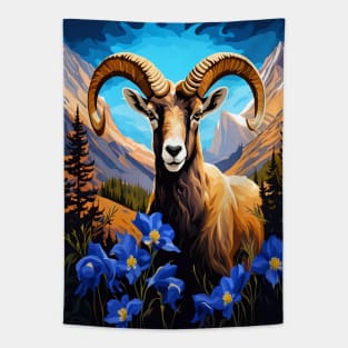 Cartoon Of A Colorado Bighorn Sheep Blue Columbine Tapestry