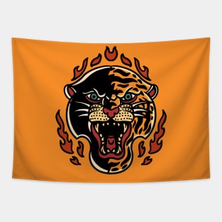 Retro Panther Tiger Head with Flames Tapestry