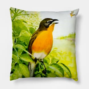 Birdie in the pine tree, colorful vintage design. Pillow