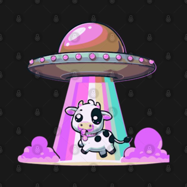 Funny Kawaii Cow UFO Abduction Cute Tongue Out by Lavender Celeste