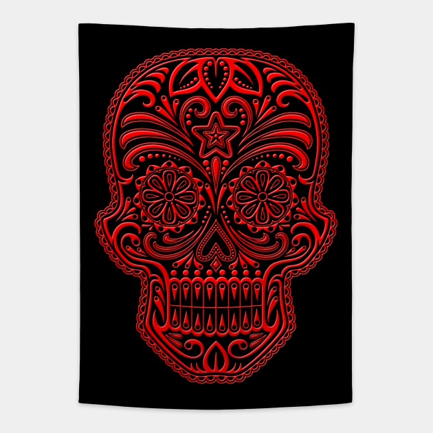 Intricate Red and Black Sugar Skull Tapestry by jeffbartels