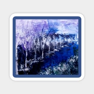 Purple blue and black with detailing of white semi abstract river scape painting Magnet